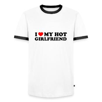 I Love My Hot Girlfriend Shirt - Men's Ringer Shirt - white/black - Front - AI Model Female 172 light (172cm) & AI Model Male 178 dark (178cm)