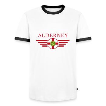 J’aime Aurigny, T-shirt design de style élégance - T-shirt contrasté Homme - blanc/noir - Devant - AI Model Female 172 light (172cm) & AI Model Male 178 dark (178cm)