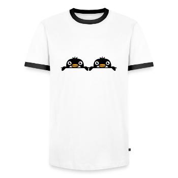 2 penguins friends peeking out from behind the wall Team - Men's Ringer Shirt - white/black - Front - AI Model Female 172 light (172cm) & AI Model Male 178 dark (178cm)