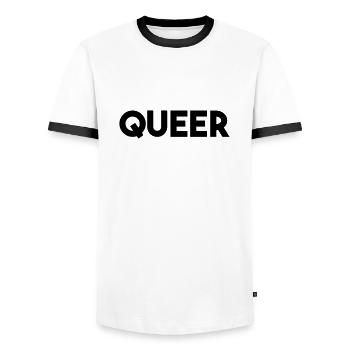 QUEER - Männer Kontrast-T-Shirt - Weiß/Schwarz - Vorne - AI Model Female 172 light (172cm) & AI Model Male 178 dark (178cm)