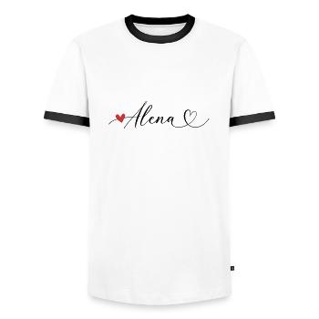 Alena Last name First name Calligraphy heart - Men's Ringer Shirt - white/black - Front - AI Model Female 172 light (172cm) & AI Model Male 178 dark (178cm)