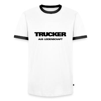 Schriftzug Trucker  - Männer Kontrast-T-Shirt - Weiß/Schwarz - Vorne - AI Model Female 172 light (172cm) & AI Model Male 178 dark (178cm)