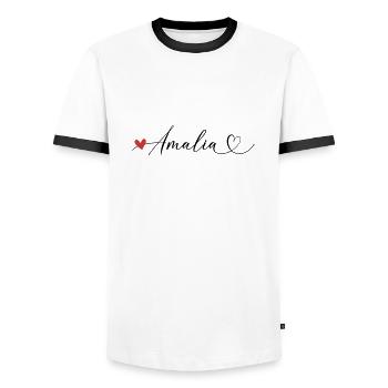 Amalia Last name First name Calligraphy heart - Men's Ringer Shirt - white/black - Front - AI Model Female 172 light (172cm) & AI Model Male 178 dark (178cm)