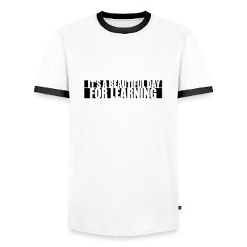 beautiful day for learning - Men's Ringer Shirt - white/black - Front - AI Model Female 172 light (172cm) & AI Model Male 178 dark (178cm)