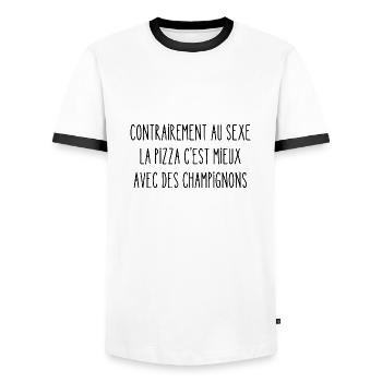 la pizza c'est mieux avec des champignons - T-shirt contrasté Homme - blanc/noir - Devant - AI Model Female 172 light (172cm) & AI Model Male 178 dark (178cm)