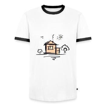 House with trees and sun. Drawing. Scribble. - Men's Ringer Shirt - white/black - Front - AI Model Female 172 light (172cm) & AI Model Male 178 dark (178cm)