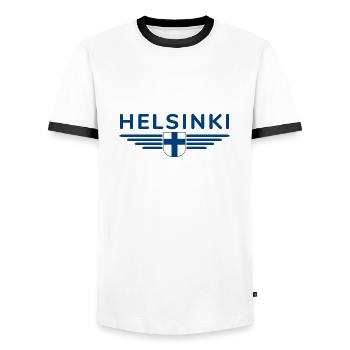 Helsinki Design – Nordic Elegance - Men's Ringer Shirt - white/black - Front - AI Model Female 172 light (172cm) & AI Model Male 178 dark (178cm)