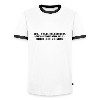 Shrugging disasters: Inner strength. - Men's Ringer Shirt - white/black - Front - AI Model Female 172 light (172cm) & AI Model Male 178 dark (178cm)