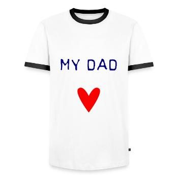 FATHER's DAY. HAPPY BIRTHDAY DAD. DAD. HAPPY BIRTHDAY - Men's Ringer Shirt - white/black - Front - AI Model Female 172 light (172cm) & AI Model Male 178 dark (178cm)
