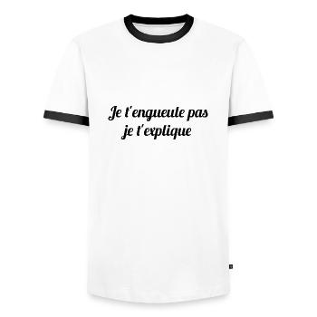 Je t'engueule pas je t'explique - citation humour - T-shirt contrasté Homme - blanc/noir - Devant - AI Model Female 172 light (172cm) & AI Model Male 178 dark (178cm)