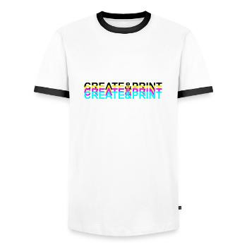 Create & Print (Black Text) - Men's Ringer Shirt - white/black - Front - AI Model Female 172 light (172cm) & AI Model Male 178 dark (178cm)
