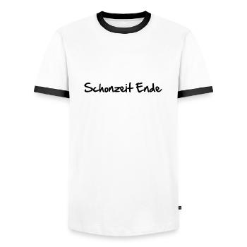 schonzeit_ende - Männer Kontrast-T-Shirt - Weiß/Schwarz - Vorne - AI Model Female 172 light (172cm) & AI Model Male 178 dark (178cm)