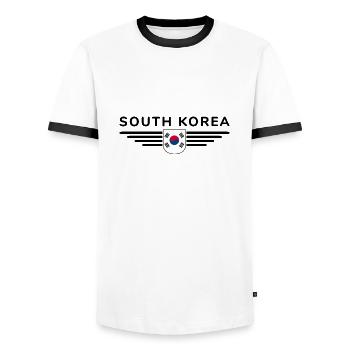 I Love South Korea Design T-Shirt Outfit - Men's Ringer Shirt - white/black - Front - AI Model Female 172 light (172cm) & AI Model Male 178 dark (178cm)