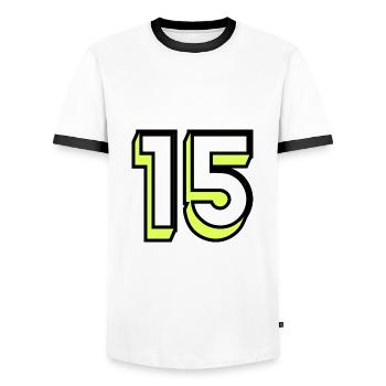 15. 15 YEARS. 15th ANNIVERSARY. BIRTHDAY 15 YEARS. - Men's Ringer Shirt - white/black - Front - AI Model Female 172 light (172cm) & AI Model Male 178 dark (178cm)