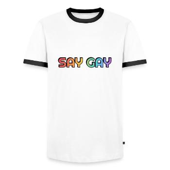 SAY GAY LGBTQ rainbow pride - Men's Ringer Shirt - white/black - Front - AI Model Female 172 light (172cm) & AI Model Male 178 dark (178cm)