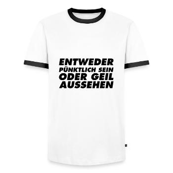 Entweder Pünktlich sein oder geil aussehen - Männer Kontrast-T-Shirt - Weiß/Schwarz - Vorne - AI Model Female 172 light (172cm) & AI Model Male 178 dark (178cm)