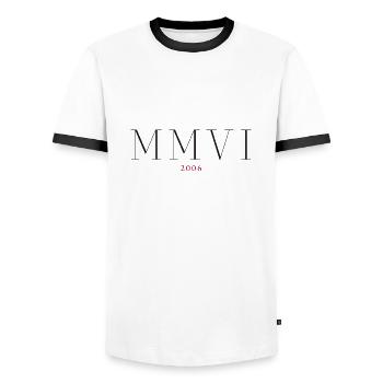 Roman numeral year of birth Made in 2006 - Men's Ringer Shirt - white/black - Front - AI Model Female 172 light (172cm) & AI Model Male 178 dark (178cm)