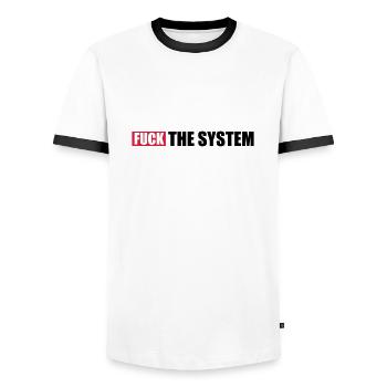 Uprising fuck the system - Men's Ringer Shirt - white/black - Front - AI Model Female 172 light (172cm) & AI Model Male 178 dark (178cm)