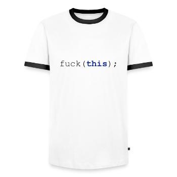 Javascript fuck (this); - Men's Ringer Shirt - white/black - Front - AI Model Female 172 light (172cm) & AI Model Male 178 dark (178cm)