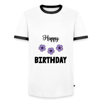 HAPPY BIRTHDAY. HAPPY BIRTHDAY. ANNIVERSARY. - Men's Ringer Shirt - white/black - Front - AI Model Female 172 light (172cm) & AI Model Male 178 dark (178cm)