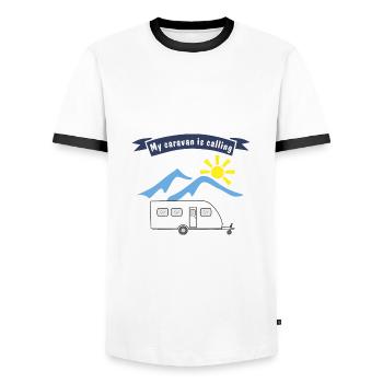 caravan is calling - Men's Ringer Shirt - white/black - Front - AI Model Female 172 light (172cm) & AI Model Male 178 dark (178cm)
