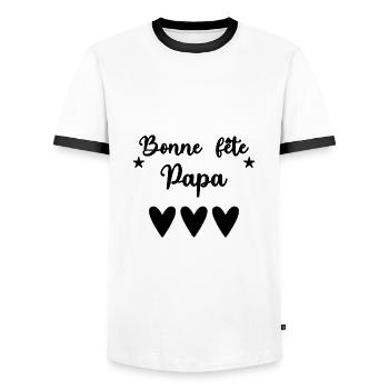 PAPA. FÊTE DES PÈRES. BONNE FÊTE PAPA. BONNE FÊTE - T-shirt contrasté Homme - blanc/noir - Devant - AI Model Female 172 light (172cm) & AI Model Male 178 dark (178cm)