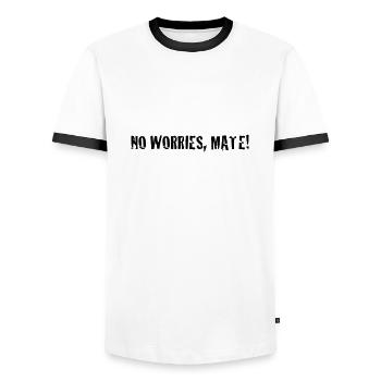 no worries mate ! - Men's Ringer Shirt - white/black - Front - AI Model Female 172 light (172cm) & AI Model Male 178 dark (178cm)