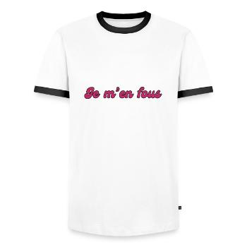 I Don't Care - Quote Gift Idea - Men's Ringer Shirt - white/black - Front - AI Model Female 172 light (172cm) & AI Model Male 178 dark (178cm)