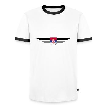 Design Serbie – Fierté et passion - T-shirt contrasté Homme - blanc/noir - Devant - AI Model Female 172 light (172cm) & AI Model Male 178 dark (178cm)