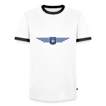 Kosovo Fan T-Shirt Design - Männer Kontrast-T-Shirt - Weiß/Schwarz - Vorne - AI Model Female 172 light (172cm) & AI Model Male 178 dark (178cm)