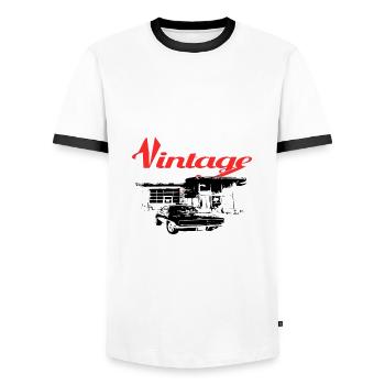 Muscle car at gas station - Men's Ringer Shirt - white/black - Front - AI Model Female 172 light (172cm) & AI Model Male 178 dark (178cm)