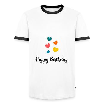 HAPPY BIRTHDAY. HAPPY BIRTHDAY. ANNIVERSARY. - Men's Ringer Shirt - white/black - Front - AI Model Female 172 light (172cm) & AI Model Male 178 dark (178cm)