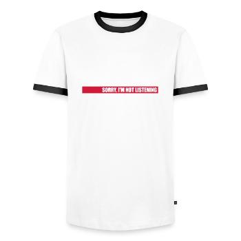 sorry in not listening - Men's Ringer Shirt - white/black - Front - AI Model Female 172 light (172cm) & AI Model Male 178 dark (178cm)