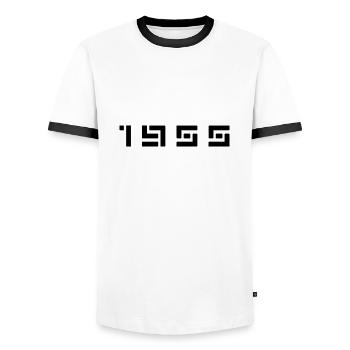 Year of Birth Birth Born In - Made in 1955 - Men's Ringer Shirt - white/black - Front - AI Model Female 172 light (172cm) & AI Model Male 178 dark (178cm)