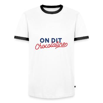 We say chocolatine - Men's Ringer Shirt - white/black - Front - AI Model Female 172 light (172cm) & AI Model Male 178 dark (178cm)
