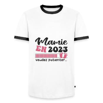Mamie en 2023 | Cadeau future mamie 2023 Cadeau - T-shirt contrasté Homme - blanc/noir - Devant - AI Model Female 172 light (172cm) & AI Model Male 178 dark (178cm)