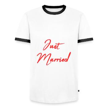 JUST MARRIED. bachelorette party. SAINT VALENTINE. COUPLE - Men's Ringer Shirt - white/black - Front - AI Model Female 172 light (172cm) & AI Model Male 178 dark (178cm)