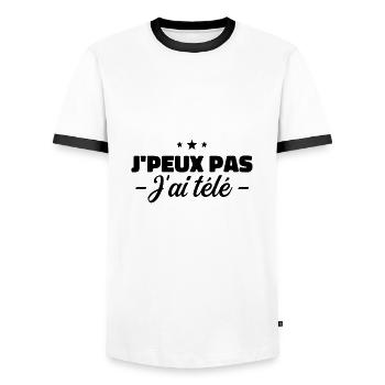 J'Peux Pas J'Ai Télé - Humour - T-shirt contrasté Homme - blanc/noir - Devant - AI Model Female 172 light (172cm) & AI Model Male 178 dark (178cm)