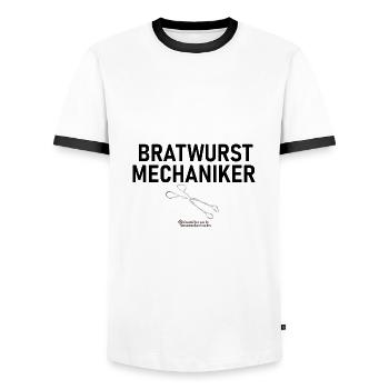 Grillspruch Bratwurstmechaniker - Männer Kontrast-T-Shirt - Weiß/Schwarz - Vorne - AI Model Female 172 light (172cm) & AI Model Male 178 dark (178cm)