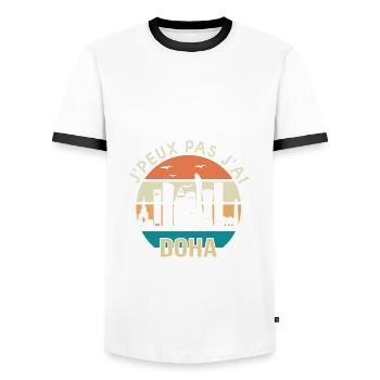 Doha. Je peux pas j'ai Doha qatar - T-shirt contrasté Homme - blanc/noir - Devant - AI Model Female 172 light (172cm) & AI Model Male 178 dark (178cm)