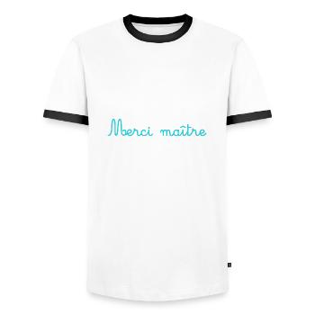 MASTER. THANK YOU. THANK YOU, MASTER. MASTER. MASTER GIFT - Men's Ringer Shirt - white/black - Front - AI Model Female 172 light (172cm) & AI Model Male 178 dark (178cm)