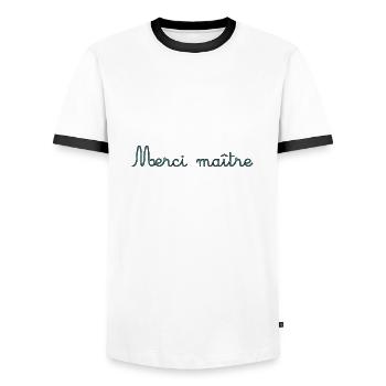 MAÎTRESSE. MAITRE. MERCI. MERCI MAÎTRESSE. MAITRE - T-shirt contrasté Homme - blanc/noir - Devant - AI Model Female 172 light (172cm) & AI Model Male 178 dark (178cm)