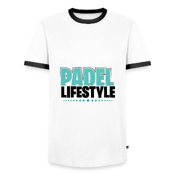 Padel Tennis Paddle Padel Ball Padel Tennis - Men's Ringer Shirt - white/black - Front - AI Model Female 172 light (172cm) & AI Model Male 178 dark (178cm)