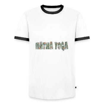 hatha yoga schriftzug e 211 - Männer Kontrast-T-Shirt - Weiß/Schwarz - Vorne - AI Model Female 172 light (172cm) & AI Model Male 178 dark (178cm)