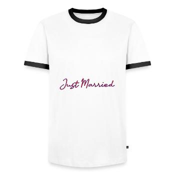 ICH HABE GERADE GEHEIRATET. Junggesellinnenabschied. HEILIGER VALENTINSTAG. PAAR - Männer Kontrast-T-Shirt - Weiß/Schwarz - Vorne - AI Model Female 172 light (172cm) & AI Model Male 178 dark (178cm)