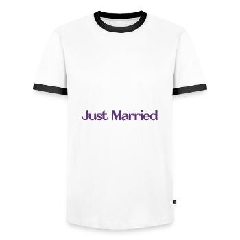 JUST MARRIED. bachelorette party. LOVE. SAINT VALENTINE. COUPLE. - Men's Ringer Shirt - white/black - Front - AI Model Female 172 light (172cm) & AI Model Male 178 dark (178cm)