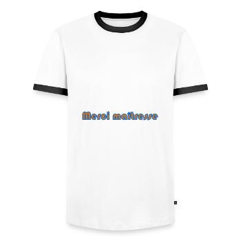 MAÎTRESSE. MERCI. MERCI MAÎTRESSE - T-shirt contrasté Homme - blanc/noir - Devant - AI Model Female 172 light (172cm) & AI Model Male 178 dark (178cm)