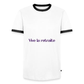 RETIREMENT. HAPPY RETIREMENT. HAPPY RETREAT - Men's Ringer Shirt - white/black - Front - AI Model Female 172 light (172cm) & AI Model Male 178 dark (178cm)