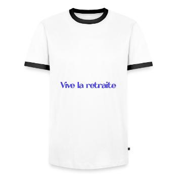 RETIREMENT. HAPPY RETIREMENT. HAPPY RETREAT - Men's Ringer Shirt - white/black - Front - AI Model Female 172 light (172cm) & AI Model Male 178 dark (178cm)
