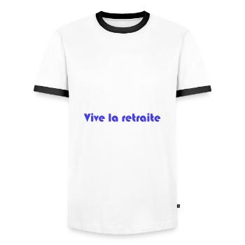 RETIREMENT. RETIREMENT. RETIRED. RETIREMENT - Men's Ringer Shirt - white/black - Front - AI Model Female 172 light (172cm) & AI Model Male 178 dark (178cm)